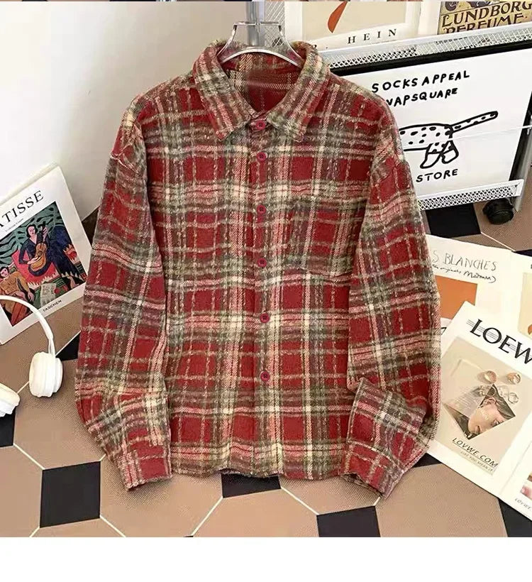 Retro American Plaid Long Sleeve Shirt Women's Lazy Style Loose Slimming Versatile Flannel Coat with Pocket Full Length Button u