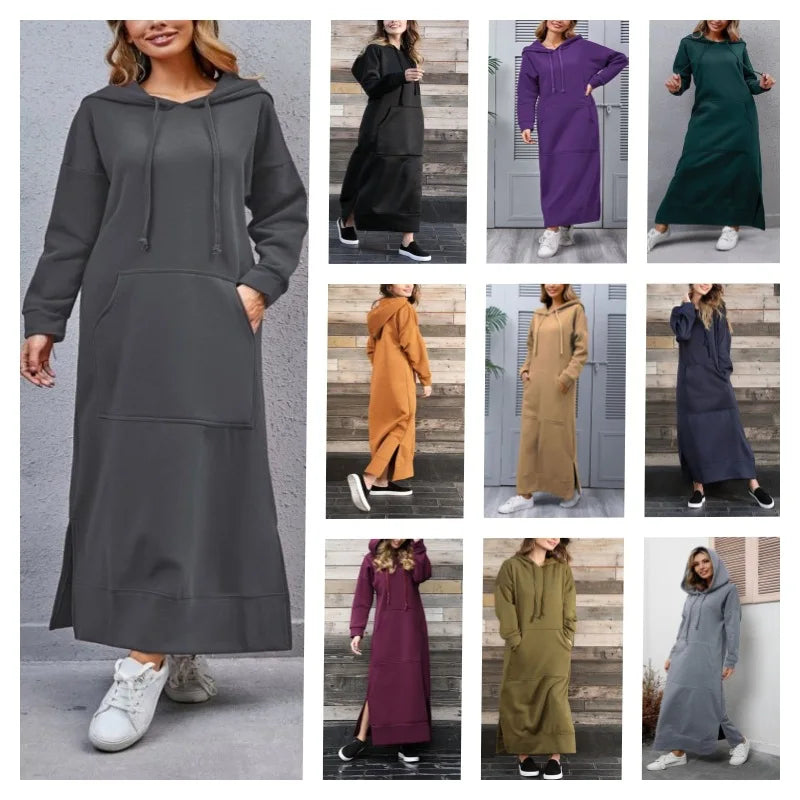Autumn Winter New plus Size Loose Knitted Long Dress Hoodie Fleece Casual Fashion Dress Large Pocket Skirt Elegant Commute