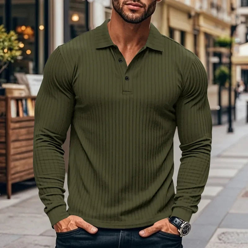 Men's Autumn  Classic Casual  Elastic Pit Strip Polo ShirtAmerican  Lapel Button-up Long-Sleeved T-shirt