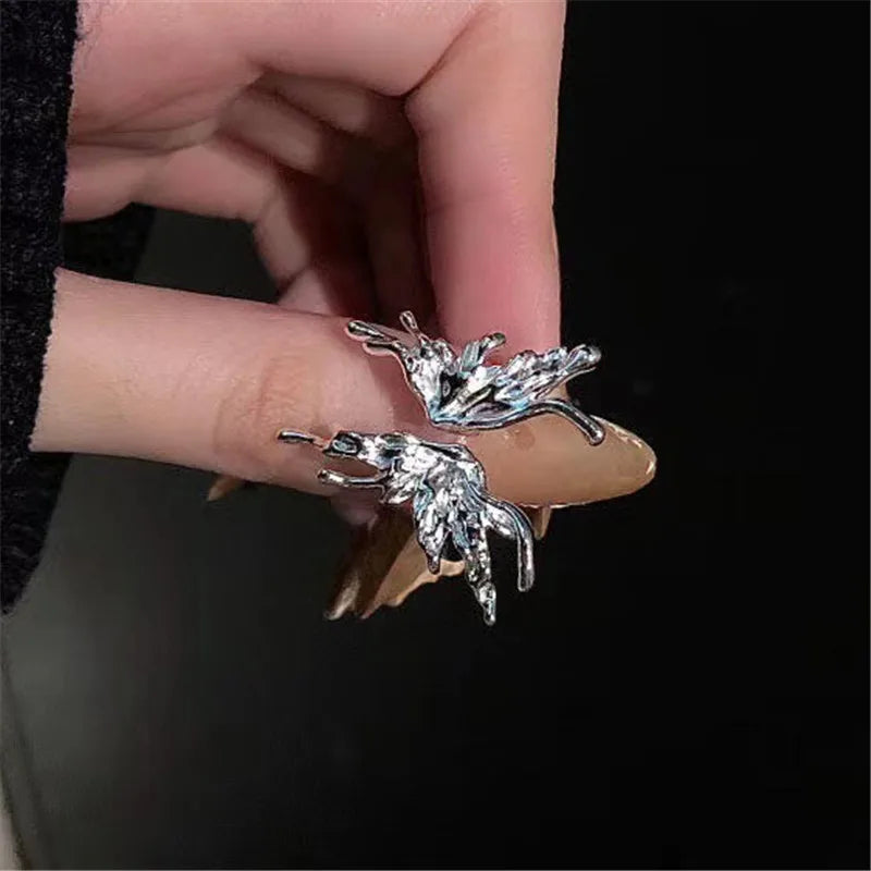 Kpop Retro Gothic Silver Color Heart Metal Ring For Women Girls Vintage Y2k Crystal Open Rings Punk Geometry Rings Party Jewelry