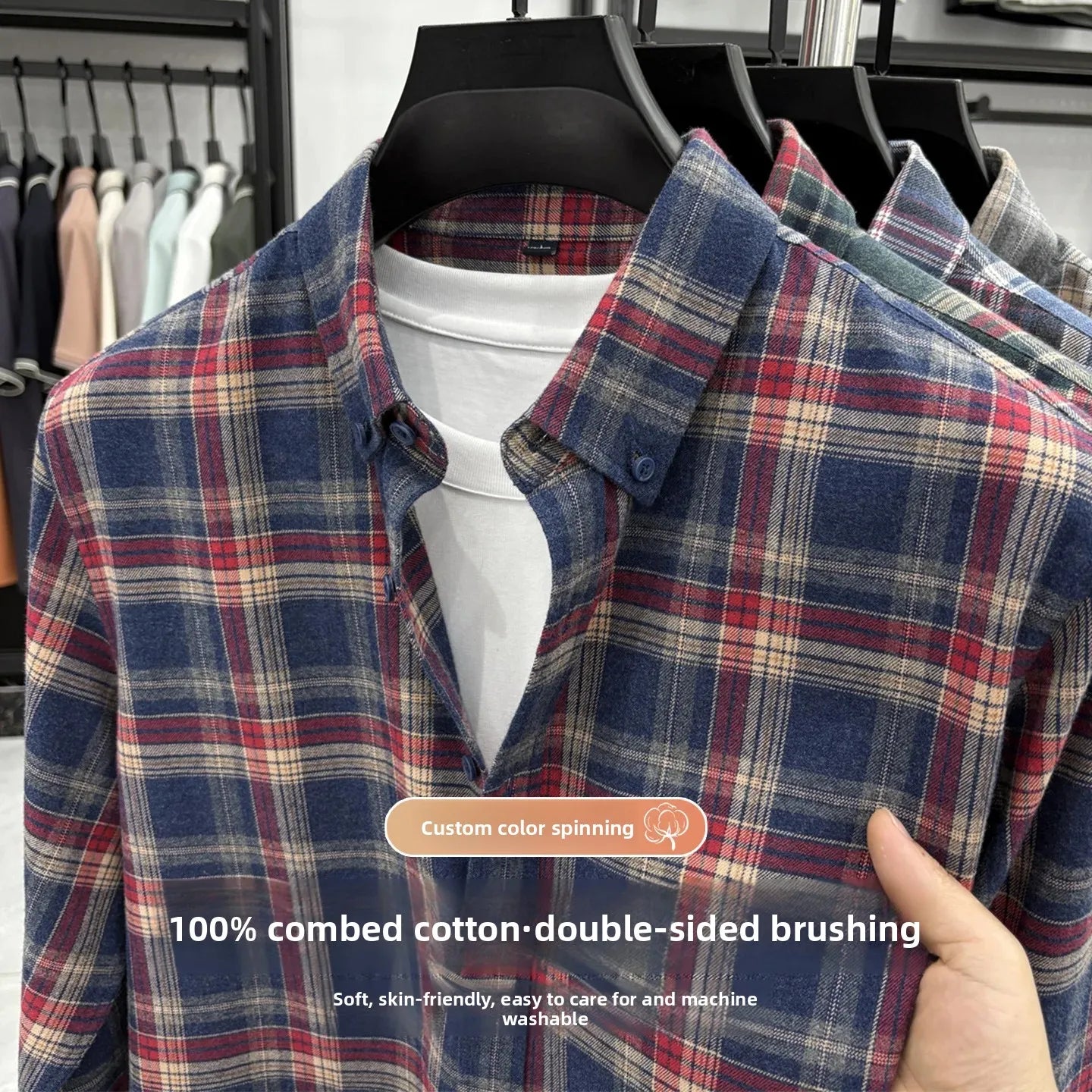 Pure Cotton Flannel Plaid Long Sleeve Casual Shirt for Men Spring Autumn New Style Retro Cross-Border Checkered Shirt