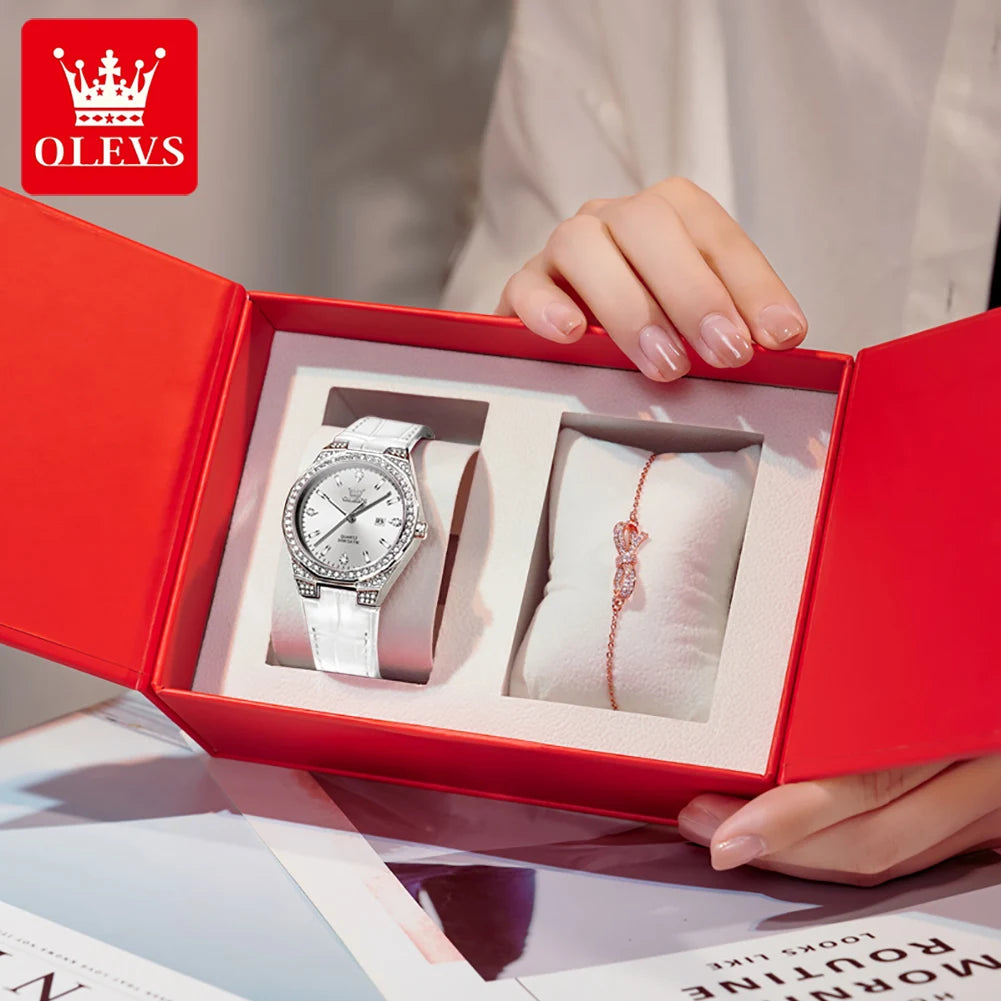 OLEVS NEW Women's Watches Pink Leather Strap Full Diamond New Style Date Waterproof Original Quartz Watch for Girl Fashion
