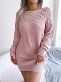 Hollow Out Long Sleeve Casual Knitted Sweater Dress Women Autumn Winter 2026 Clothes Without Belt Pink Blue White Mini Dress