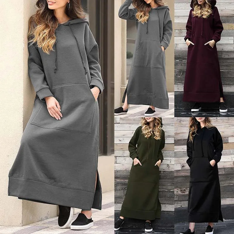 Autumn Winter New plus Size Loose Knitted Long Dress Hoodie Fleece Casual Fashion Dress Large Pocket Skirt Elegant Commute