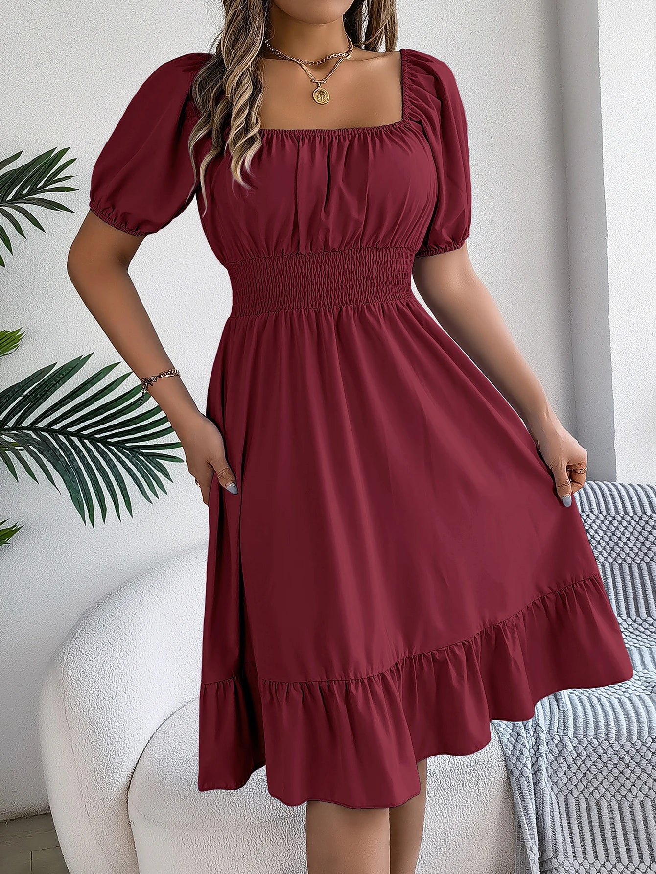 Spring Summer Elegant High Waisted Dress Square Neck Short Sleeved Ruffled Edge Long Dresses for Women 2026 Valentine's Day