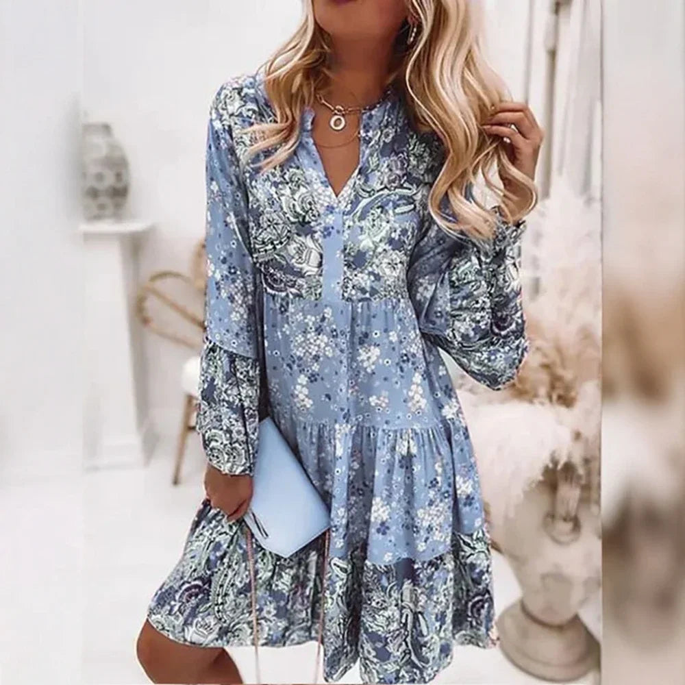 Women's Long-Sleeve Paisley Print Tiered Dress: V-Neck Button Front – Spring Summer Party Outfit, Flowy Chiffon Boho Midi Dress