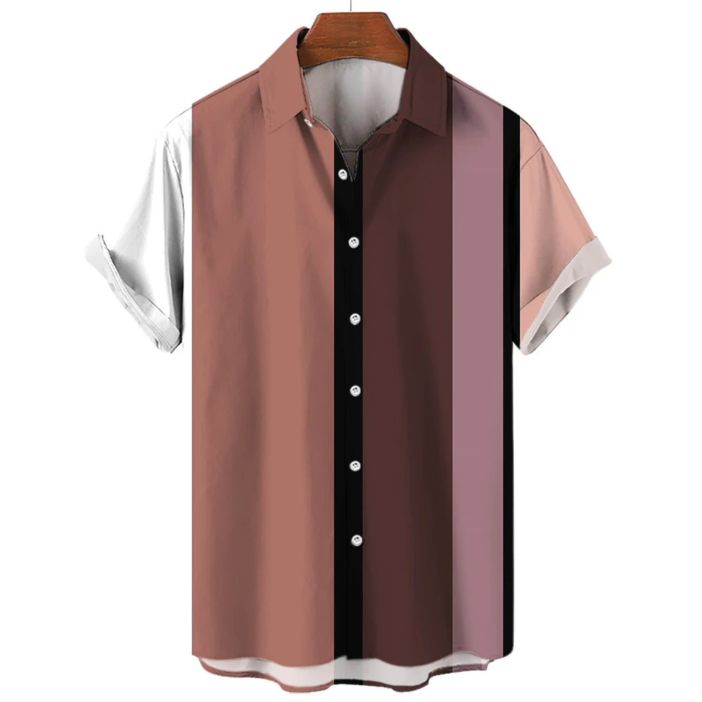 Men's Hawaiian Shirt Summer Stripes Print Short Sleeve Top Tees Fashion Casual Social Shirts Lapel Button Oversized Men Clothing
