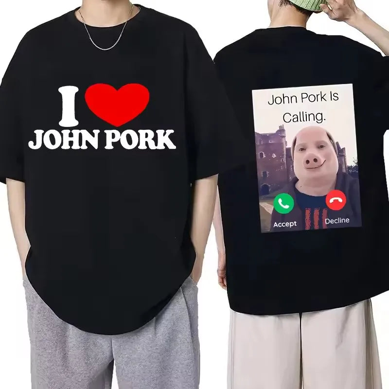 Funny John Pork Is Calling Answer Call Phone Tee Shirt for Men Women Pig Tops Tshirt Gothic Hip Hop T-shirt Streetwear Clothes