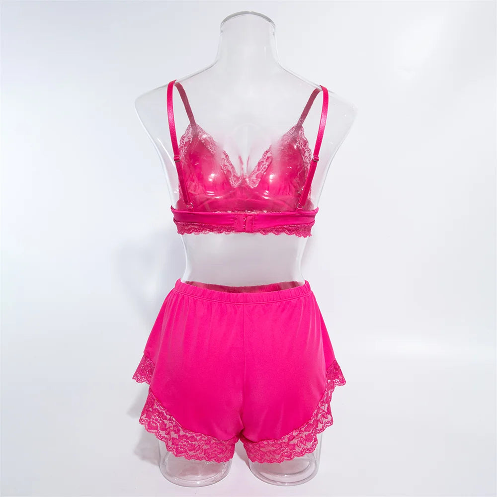 Sexy Lace Splicing Lingeries Sets Woman V Neck Spaghetti Strap Satin Bra And Shorts Pajama Set Casual Home Sleepwear Set