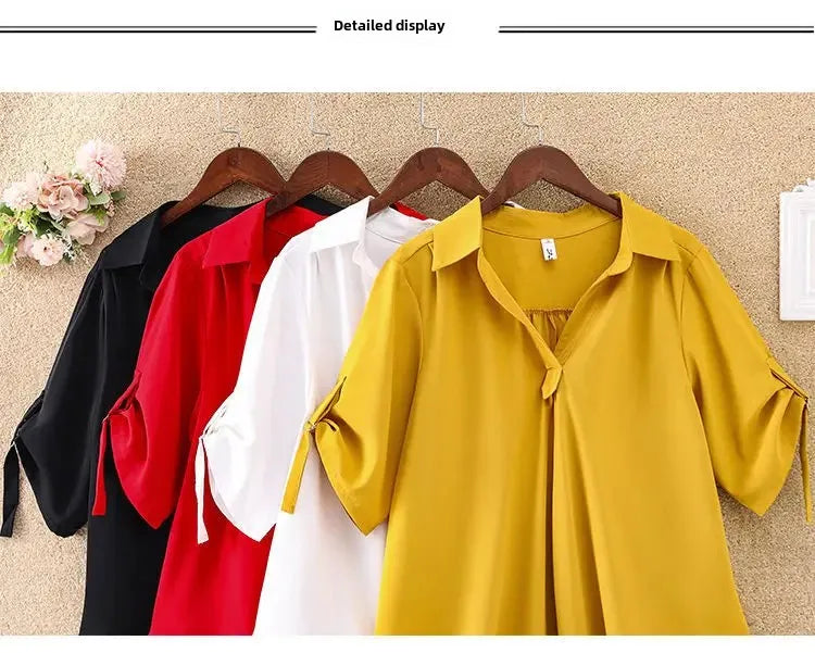 Women's Slimming Chiffon Top 2024 Summer New Style Medium-Length Short Sleeves Plus Size Loose-Fit Waist-Fitted Shirt