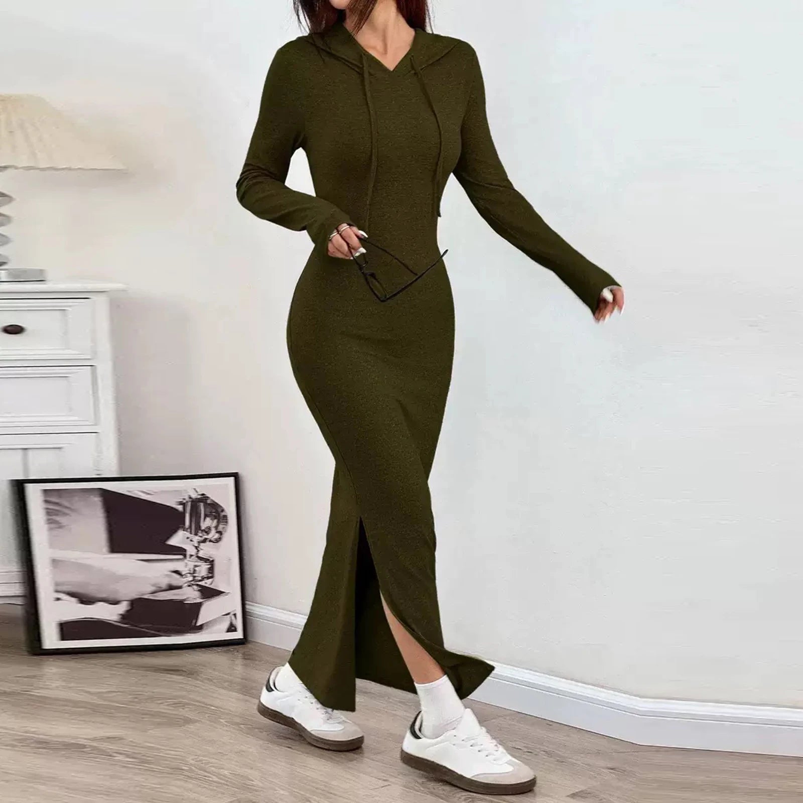 Women's Long Dress High Waisted Slim Fitting Pencil Skirt Bodysuit Fashion Long Dress Casual Dresses Sweatshirt Hooded Dress