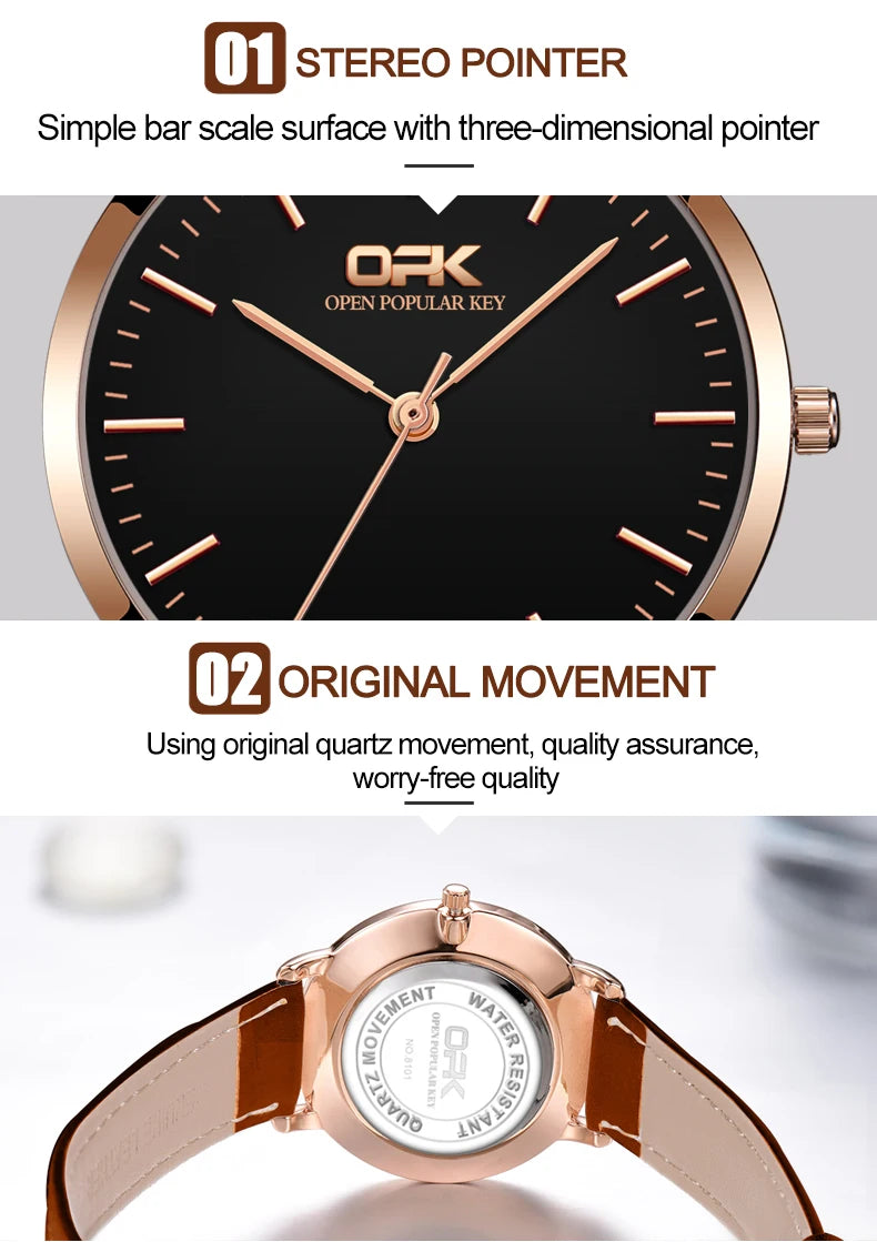 OPK 8101 Original Quartz Watch For Women Waterproof Leather Strap Hand Clock Simple Dial Top Brand Fashion Ladies Wrist Watches