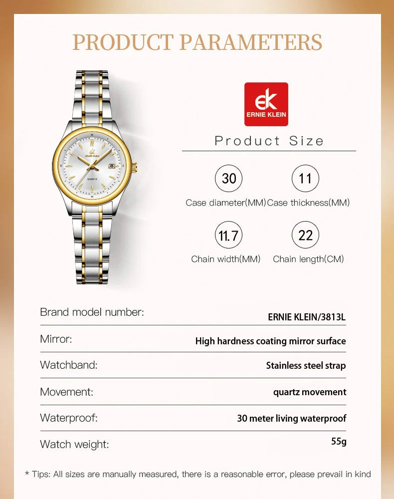 ERNIE KLEIN Women’s Watch Luxury Gold Watch OriginalDate Week Stainless Steel Waterproof Luminous Elegant Dress Ladies' Watches