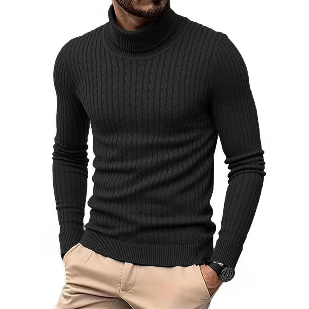 Autumn Winter Men's Turtleneck Sweater Warm Slim Fit Knitted Pullover Jacquard Striped Cozy Soft Knitwear Basic Style