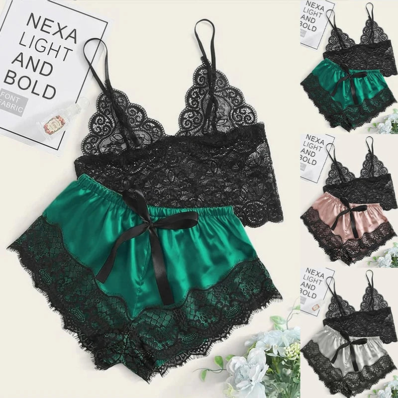 Women's 2 Piece Sexy Lace Pajama Set See-through Bralette Cami Top And Shorts Breathable Sleepwear Plus Size Summer Lingerie