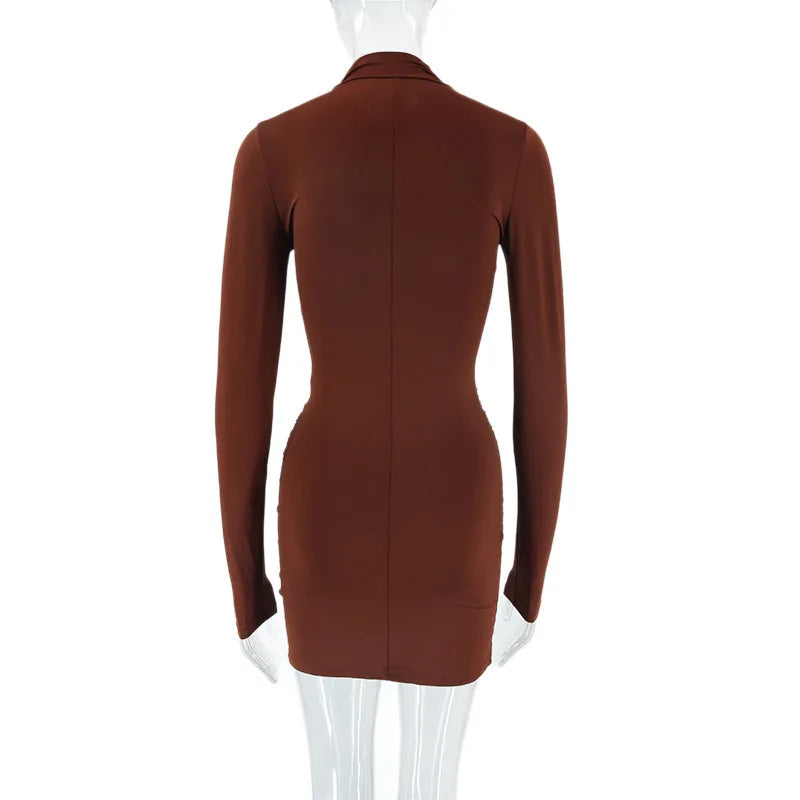 Winter Women Sexy Solid Bodycon Mini Dress Turtleneck Pleated Long Sleeve Slim Vestidos Elegant High Waist Club Party Streetwear