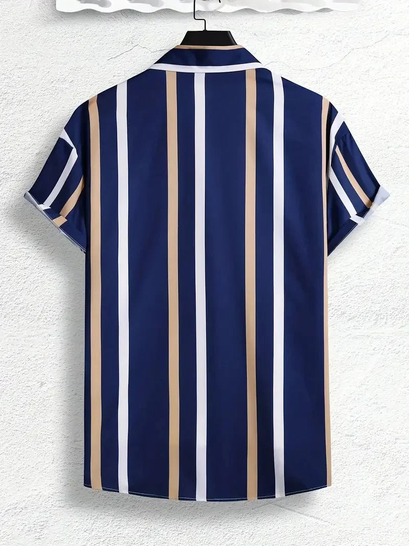 Summer Men's Shirts Hawaiian Blouse Stripe Print 2025 New Short Sleeve Single Breasted Oversized Tops Camisa Clothing Buttons