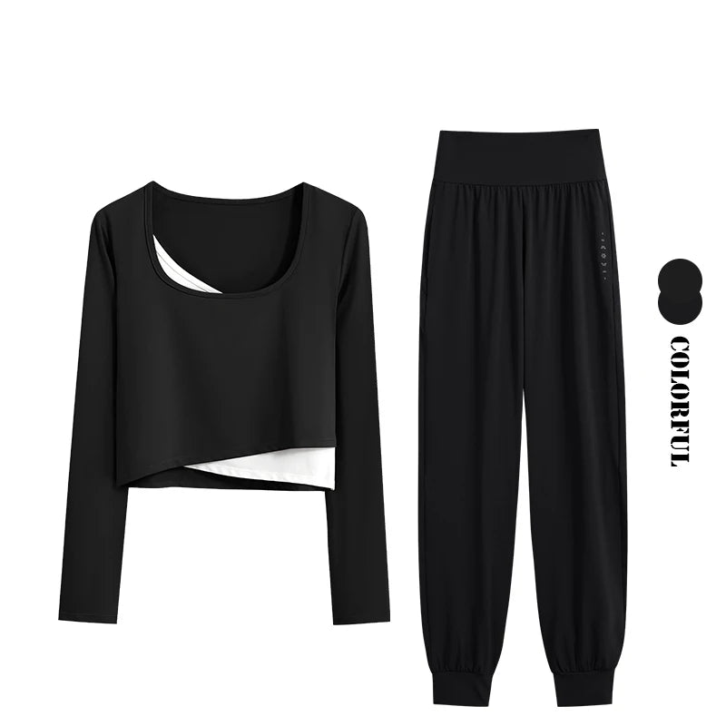 DRUR Women Yoga Set Loose Fit Gym Outfit Long Sleeve Top Pants 2 Piece Sportswear Outfit Running Jogging Suit Fitness Clothing