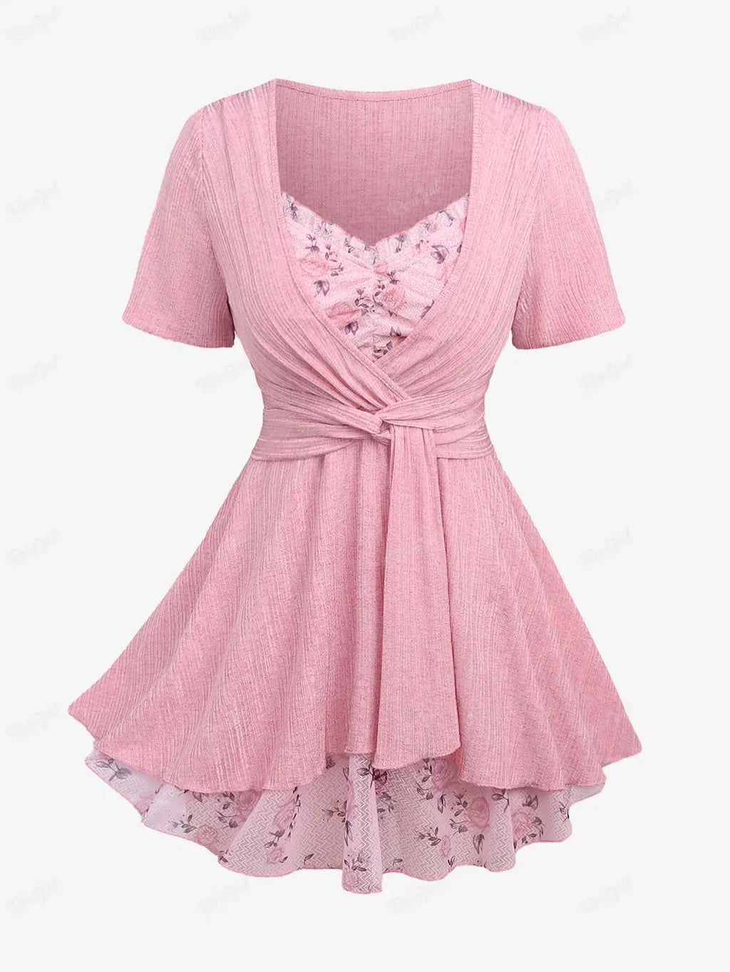 ROSEGAL Plus Size Light Pink 2 In 1 Tops Women Casual Flower Leaf Print Sparkling Mesh Ruffles Ruched Textured Twist T-shirts