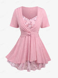 ROSEGAL Plus Size Light Pink 2 In 1 Tops Women Casual Flower Leaf Print Sparkling Mesh Ruffles Ruched Textured Twist T-shirts
