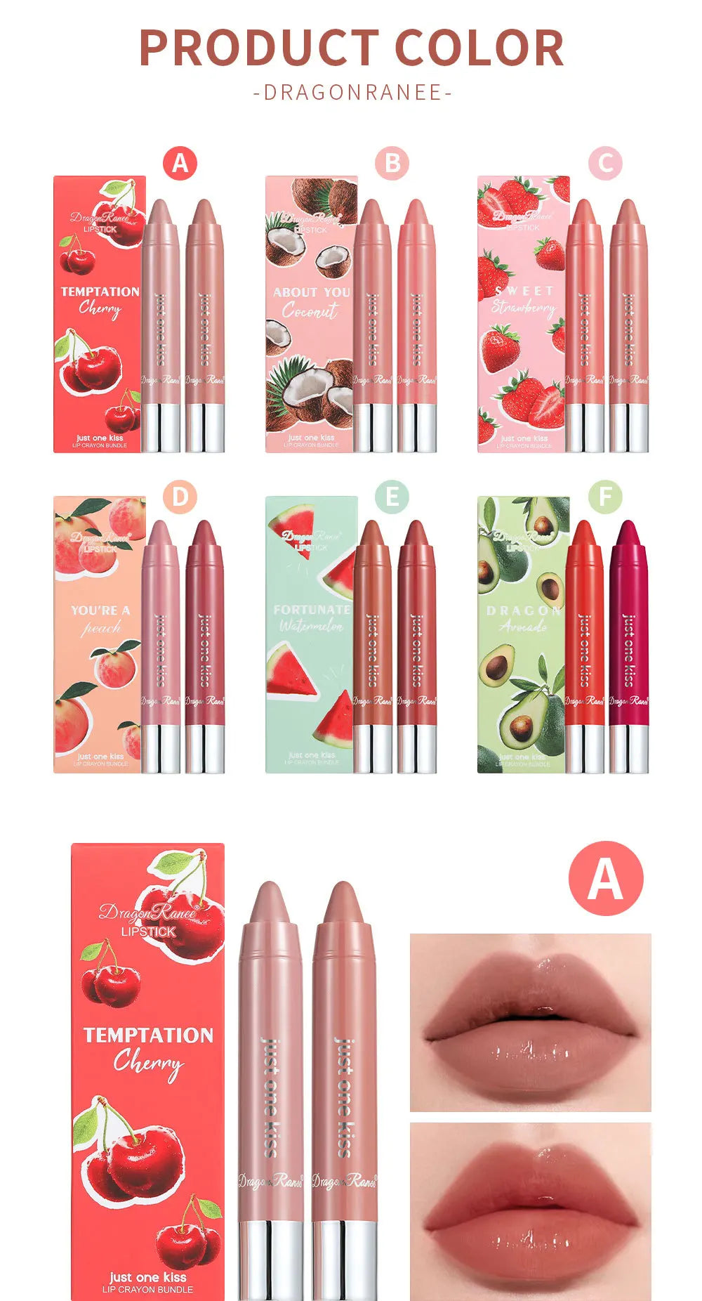 Dragon Ranee 2pcs/set Moisturising Crayon Lipstick Pencil Long Lasting Moisturising Lip Liner Solid Fruit Lip Nectar