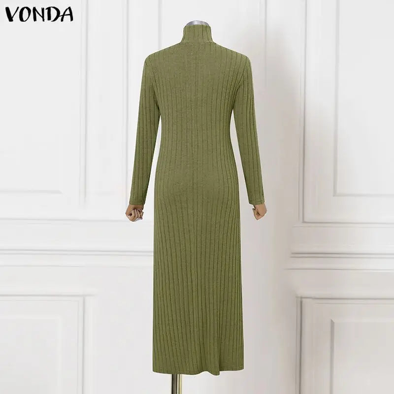 VONDA Women Turtleneck Sweater Dresses Autumn Long Sleeve Knitted Maxi Vestidos Elegant Office Streetwear Solid Party Robe Femme