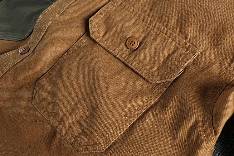 Sleeve patch washed grain woven cotton long sleeve shirt Men's daily tooling retro trend youth thin coat