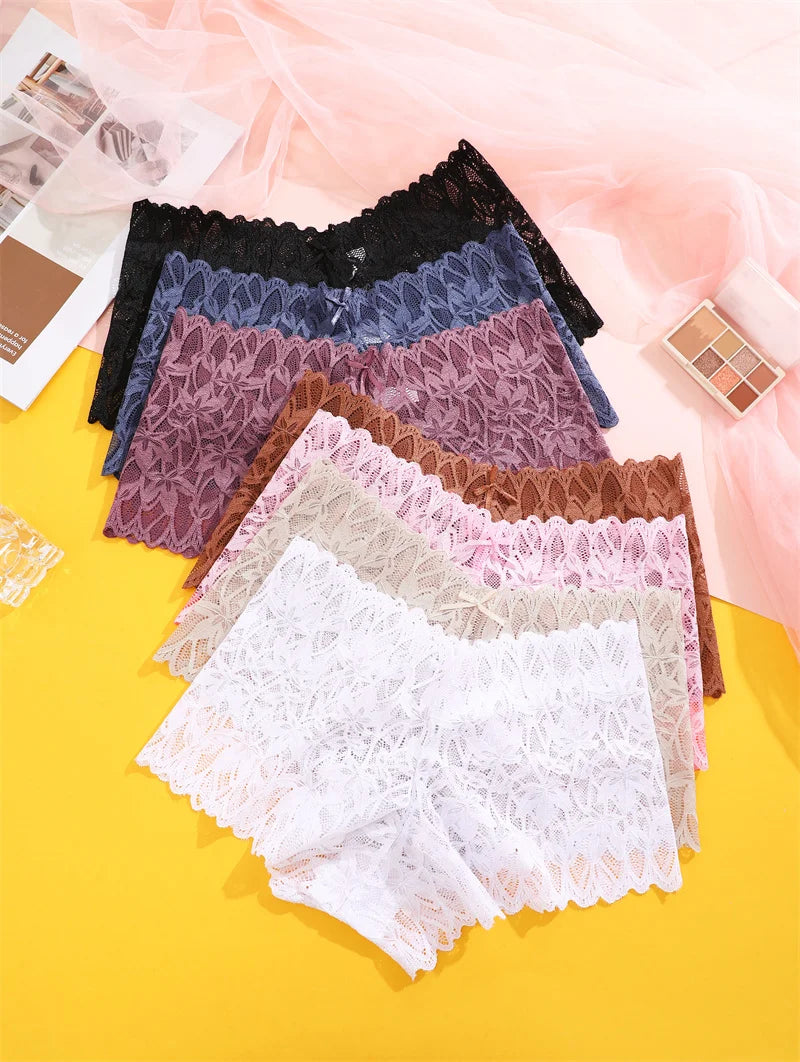4PCS Women Floral Lace Panties Sexy Perspective Underwear V Waist Solid Color Underpants Female Breathable Intimates Lingerie