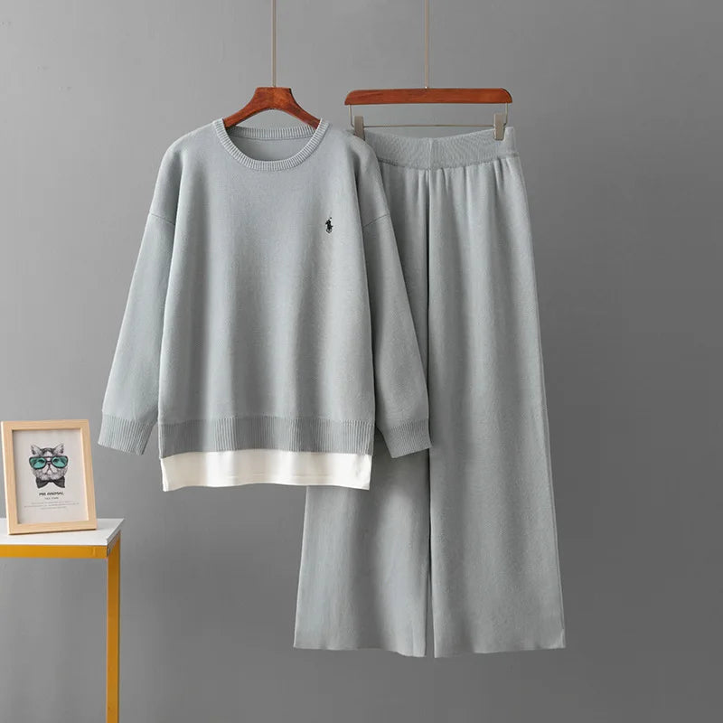 Spring Autumn Women Fashion Casual Suit New  Version Round Neck Loose Fake Two-piece Sweater Wide-leg Pants Two-piece Set