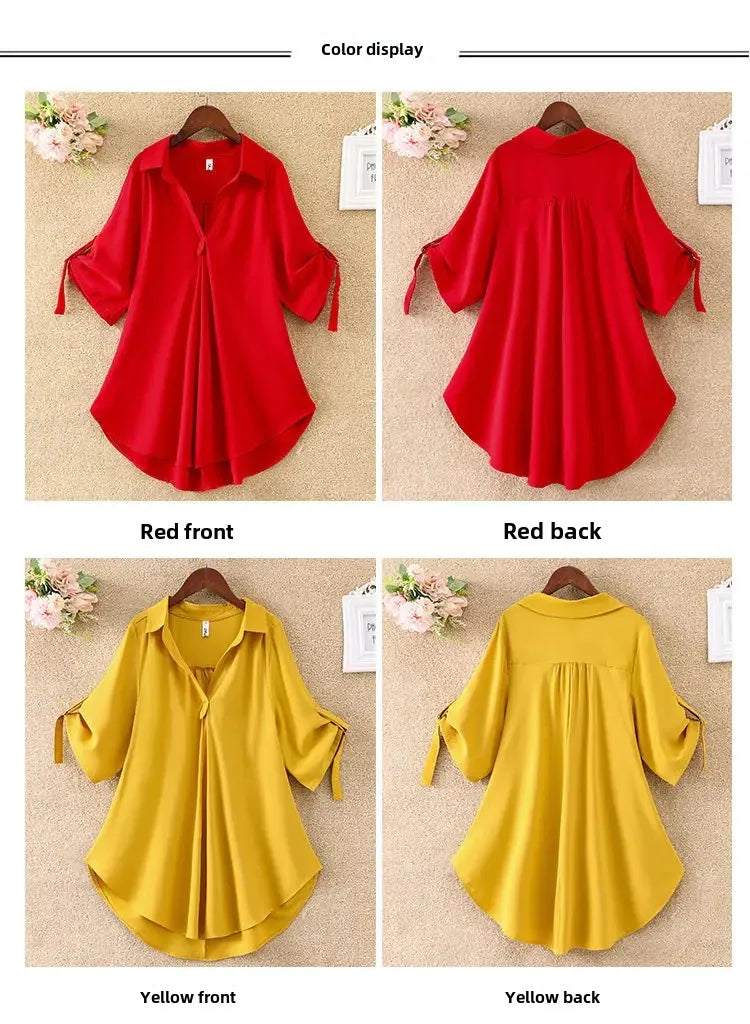 Women's Slimming Chiffon Top 2024 Summer New Style Medium-Length Short Sleeves Plus Size Loose-Fit Waist-Fitted Shirt