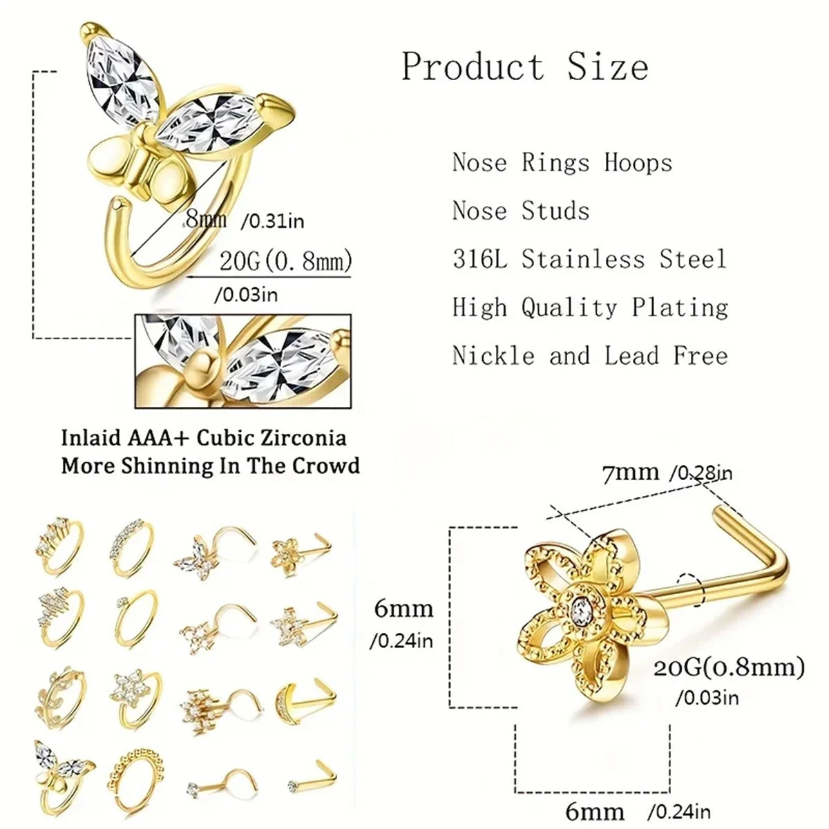 16Pcs 20G Flower Butterfly Nose Rings Hoops,Inlaid Shiny Zircon Nose Screw Nose Body Piercing Jewelry Decoration