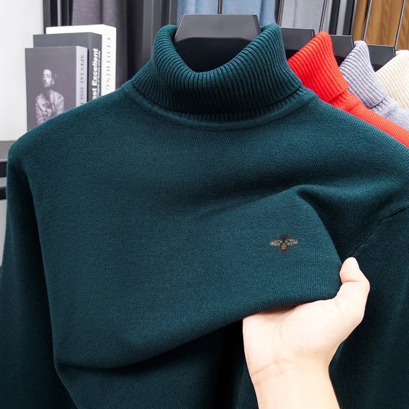 Luxury Brand Men's Autumn Winter Knit Sweater High Neck Long Sleeves Embroidery Pullover Leisure Business Keep Warm Men Clothing