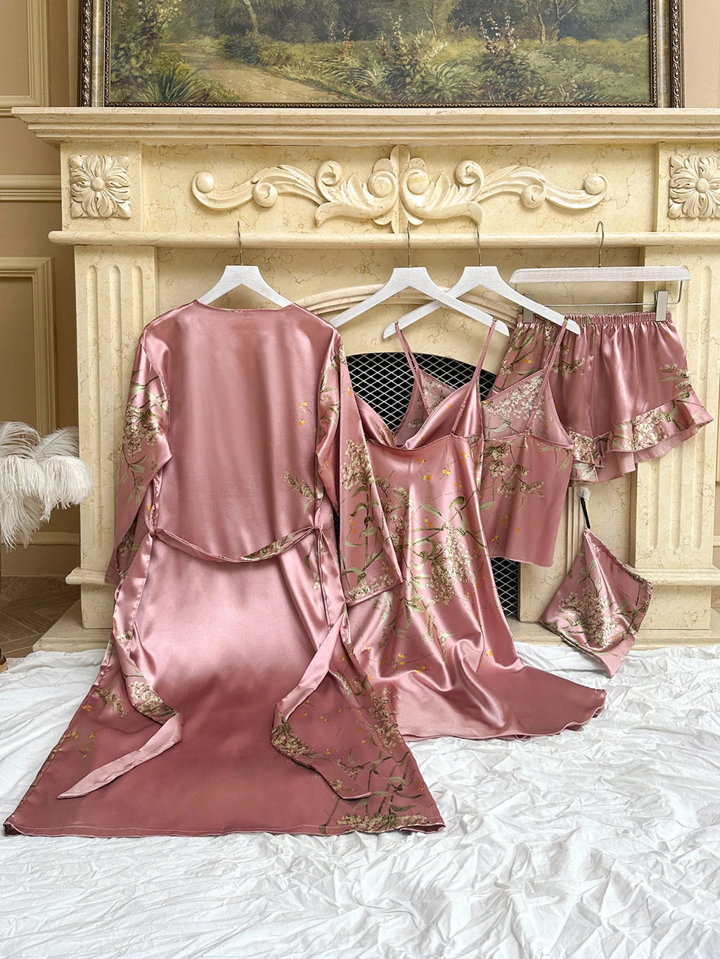 Women's Cherry Print Loungewear 5-Piece Set - Lightweight Robe, Camisole, Shorts & Dress (Minimalist Homewear Collection)