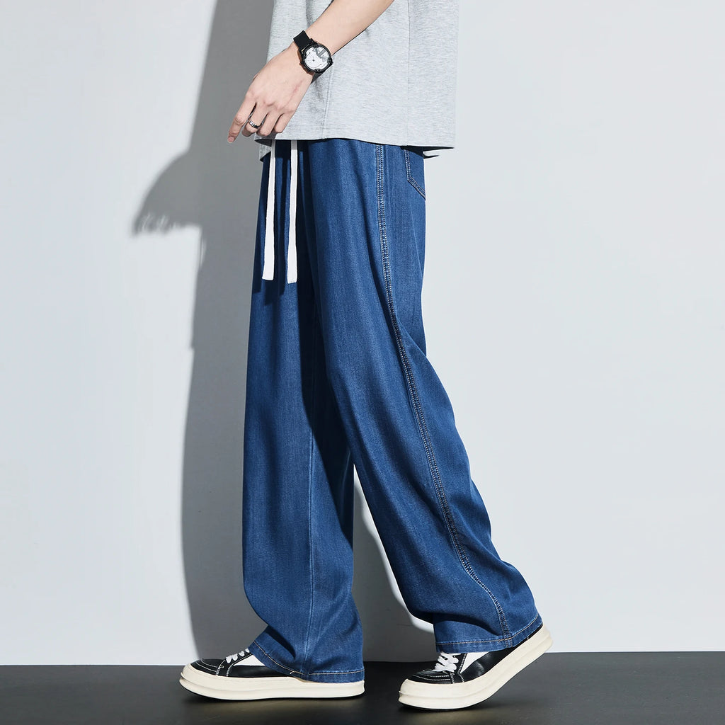 High Quality Spring Summer Lyocell Men's Jeans Baggy Straight Drawstring Streetwear High Street Trousers Male 7 Color