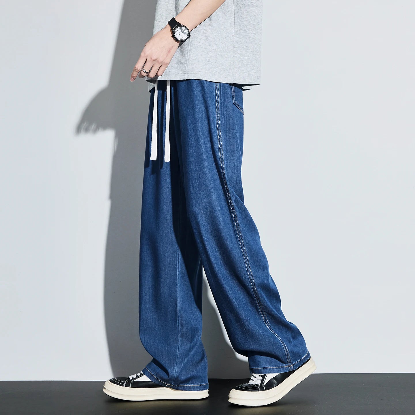 High Quality Spring Summer Lyocell Men's Jeans Baggy Straight Drawstring Streetwear High Street Trousers Male 7 Color