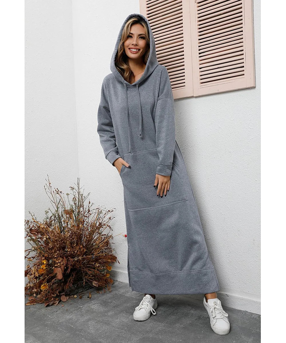 Autumn Winter New plus Size Loose Knitted Long Dress Hoodie Fleece Casual Fashion Dress Large Pocket Skirt Elegant Commute