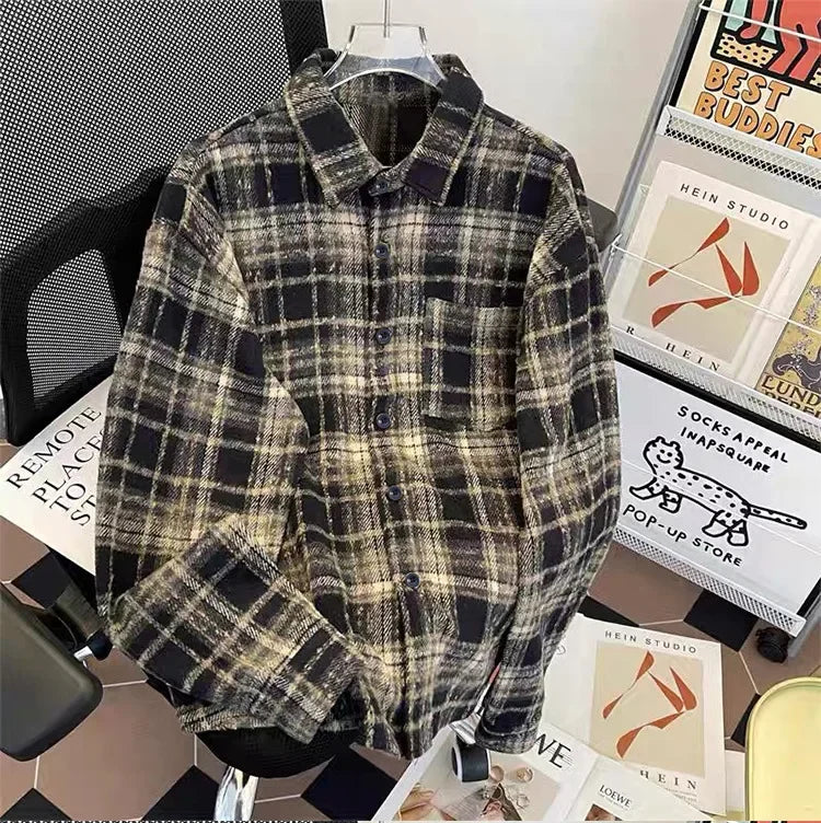 Retro American Plaid Long Sleeve Shirt Women's Lazy Style Loose Slimming Versatile Flannel Coat with Pocket Full Length Button u
