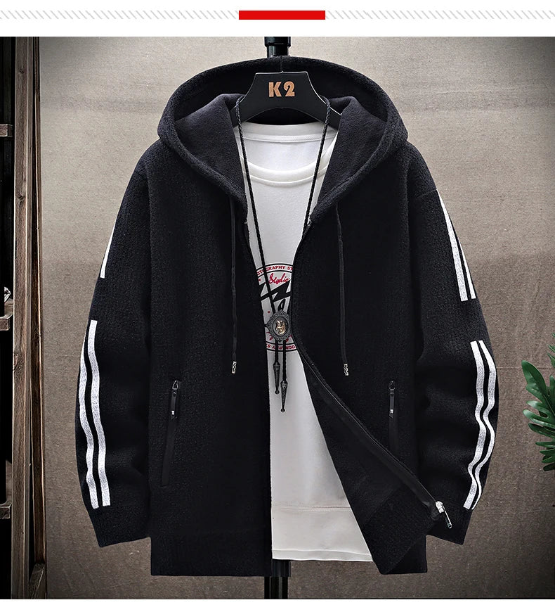 Mens Fashion Sweater Cardigan Fleece Lined Hood Sweaters Jacket Retro Sweaters Coat Zipper Up Knit Cardigans