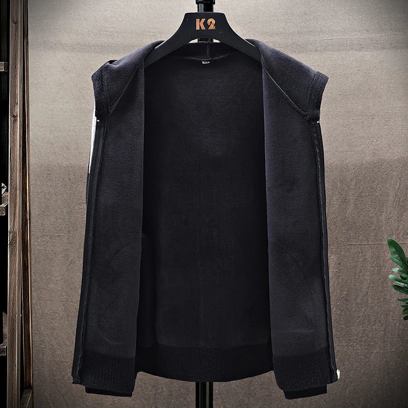 Mens Fashion Sweater Cardigan Fleece Lined Hood Sweaters Jacket Retro Sweaters Coat Zipper Up Knit Cardigans