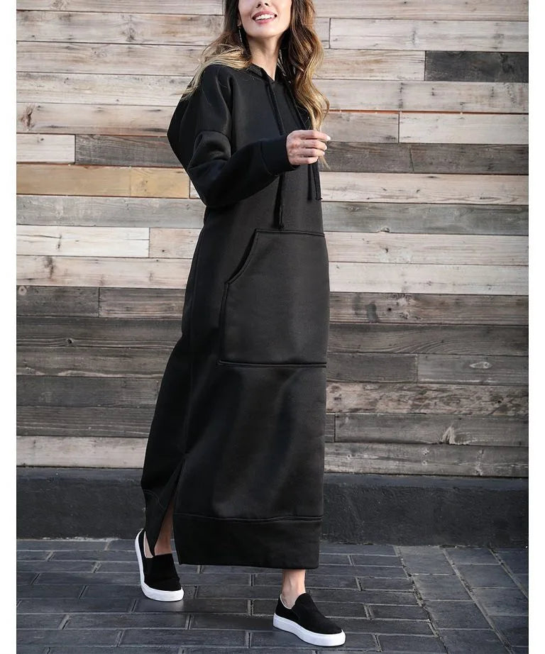 Autumn Winter New plus Size Loose Knitted Long Dress Hoodie Fleece Casual Fashion Dress Large Pocket Skirt Elegant Commute