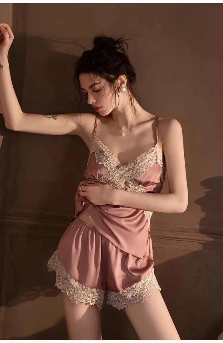 Daeyard Silk Pajama Set For Women Sexy Lace Summer Cami and Shorts Lingerie Set Satin Sleepwear 2 Pieces Pjs Nightwear