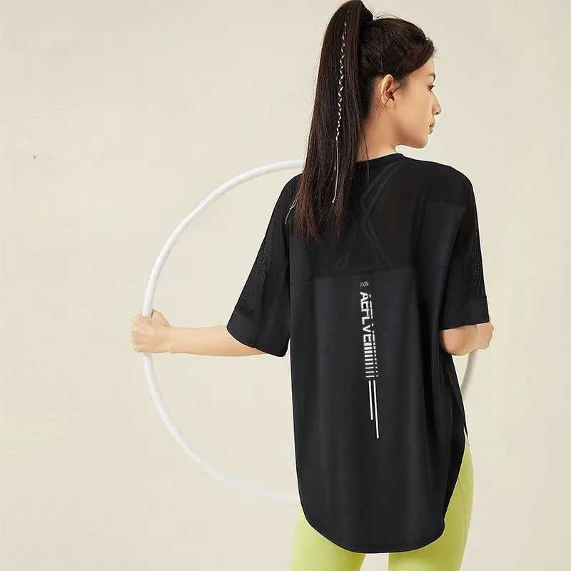 Yoga Clothes Women's Running and Fitness Clothes Hip Covering Long Sports T-shirt Loose Plus Size Short Sleeved Sports Top