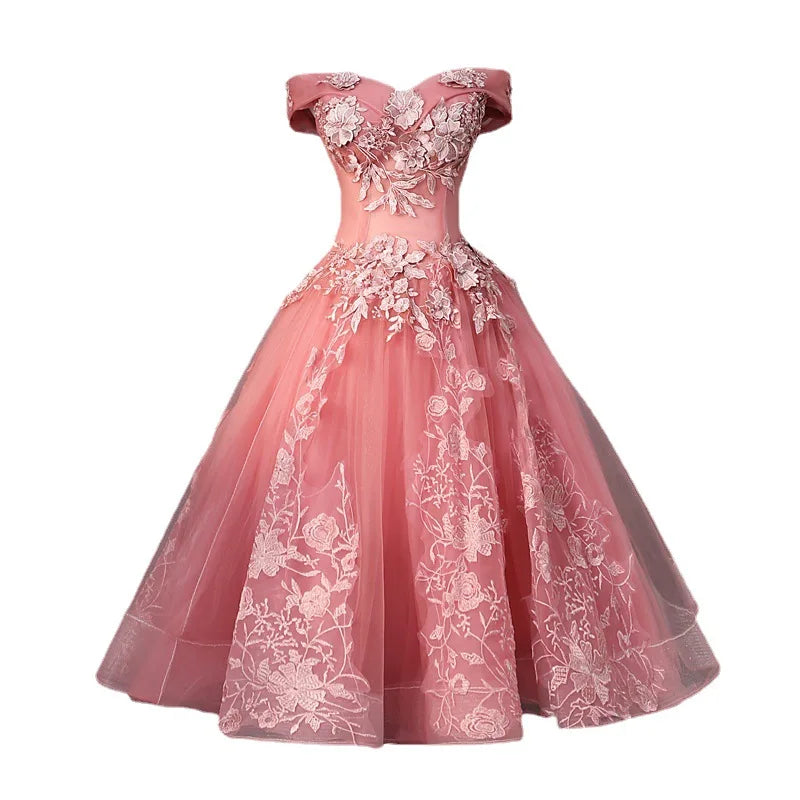 Short Evening Gown with Flared Skirt, Pink Wedding Bridesmaid Dress, Off-Shoulder Short Sleeve, Slimming Hostess Gown for Women