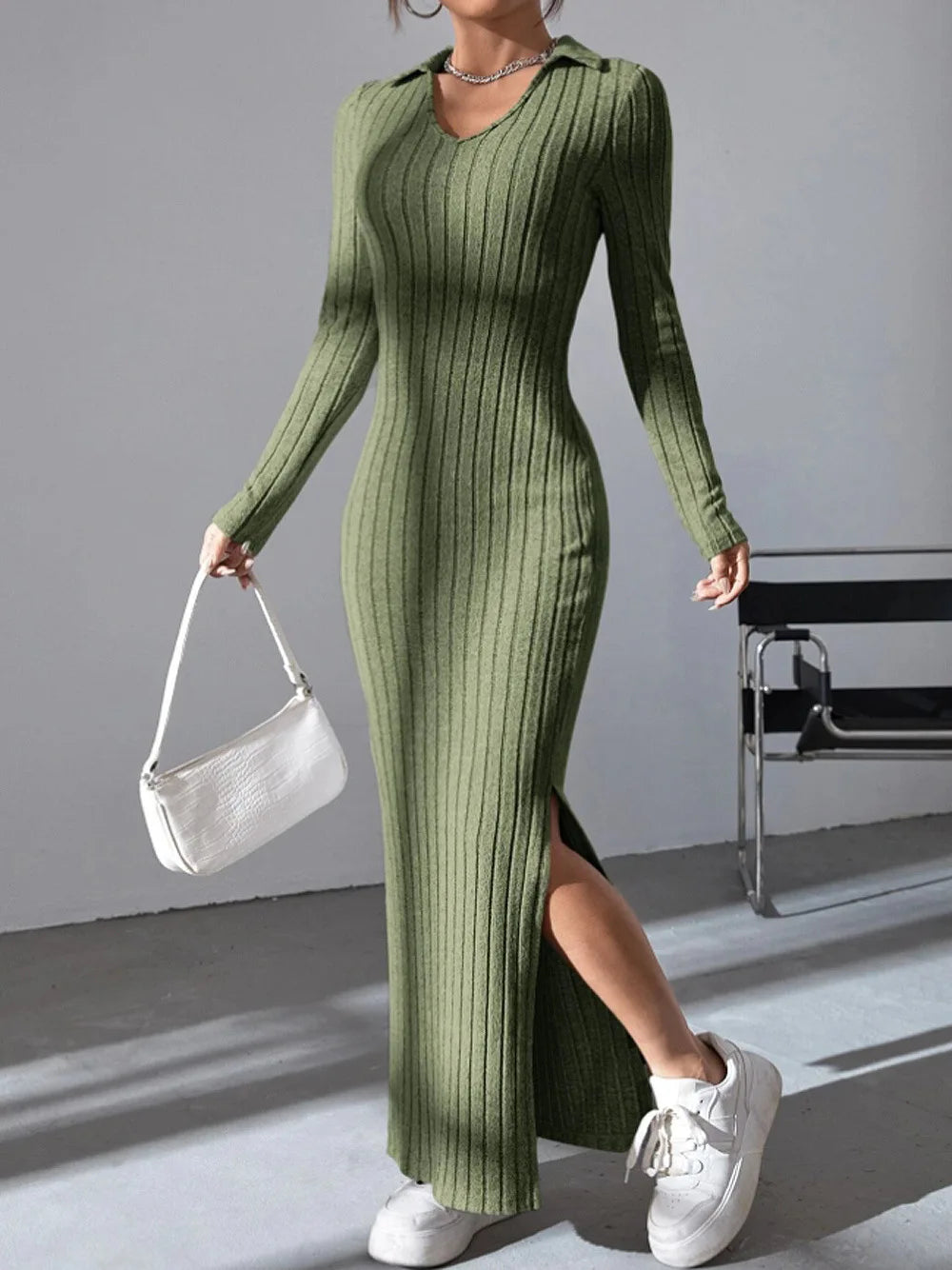 Spring and summer 2024 new style knitted slim lapel long sleeve dress pit strip solid color tight skirt