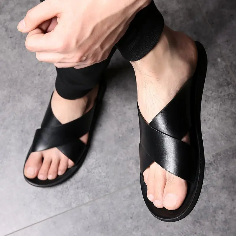 Men's Slippers Fashion Leather Slippers Outdoor Non Slip Beach Shoes for Men Light EVA Soft Sole Slippers 2025Summer New Slides