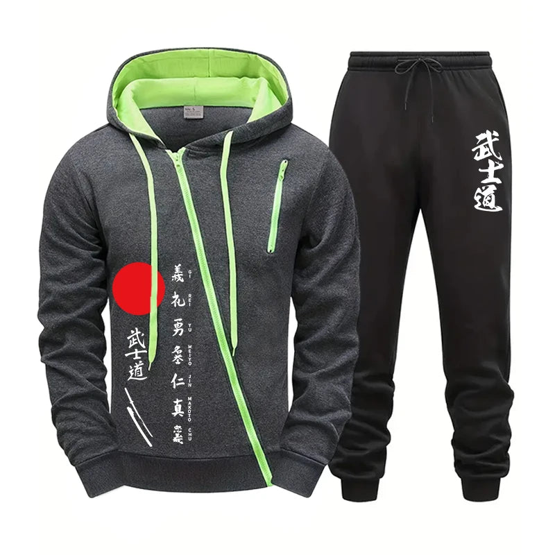 2025 New Arrival Men's Bushido Print Hoodie Sweatpants High Quality Male Outdoor Casual Sport Jogging Suit Motorcycle Zip Outfit