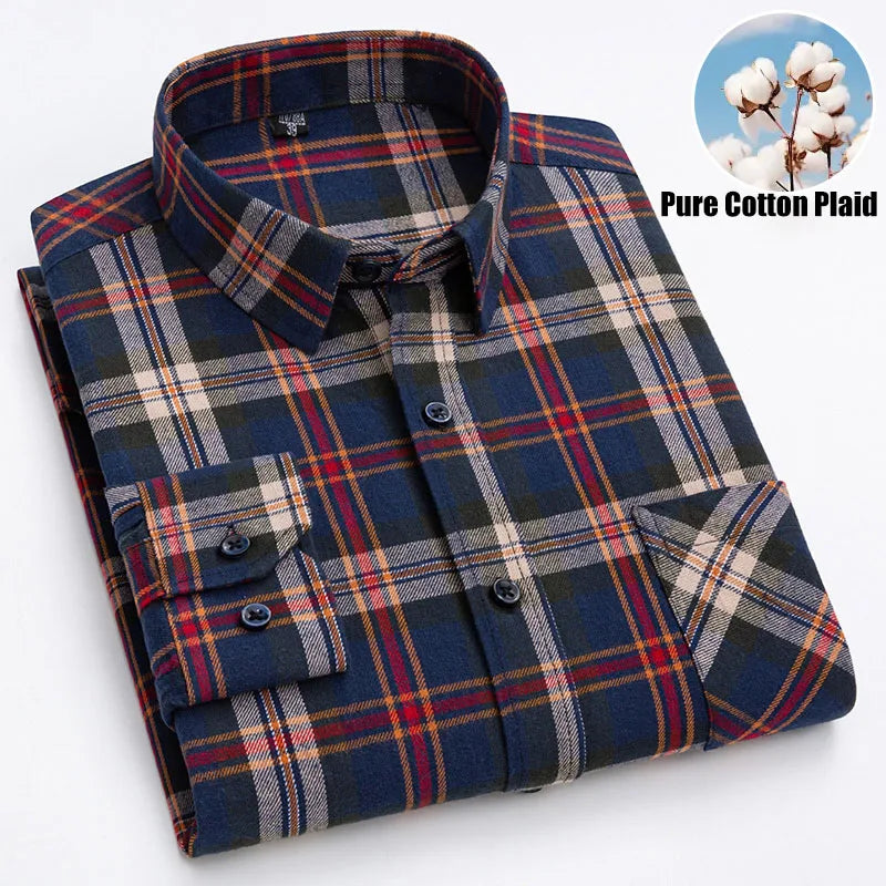 Pure Cotton Men's Plaid Shirts Long Sleeved Regular Fit Casual Office Fashion Shirts Leisure Autumn Male Check Blouses Plus Size