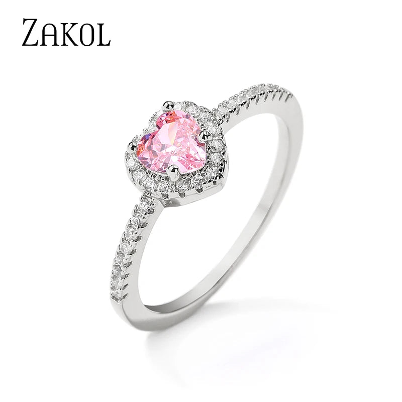ZAKOL Exquisite Clear Pink Zircon Heart Engagement Ring for Women Charm Shiny AAA CZ Wedding Ring Jewelry Gift