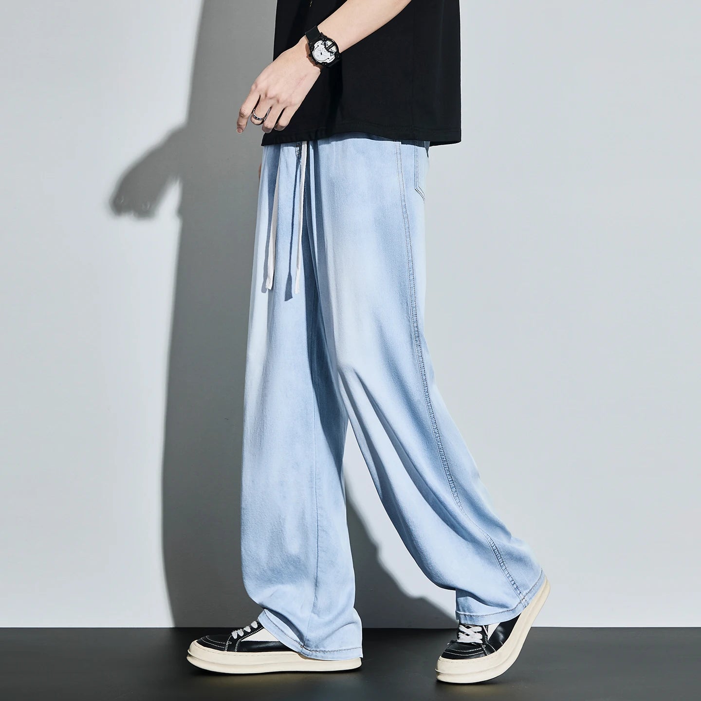 High Quality Spring Summer Lyocell Men's Jeans Baggy Straight Drawstring Streetwear High Street Trousers Male 7 Color