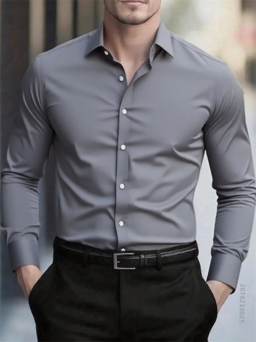 High quality men's solid color long sleeve business shirt, no need to iron, high quality social dress formal casual two use